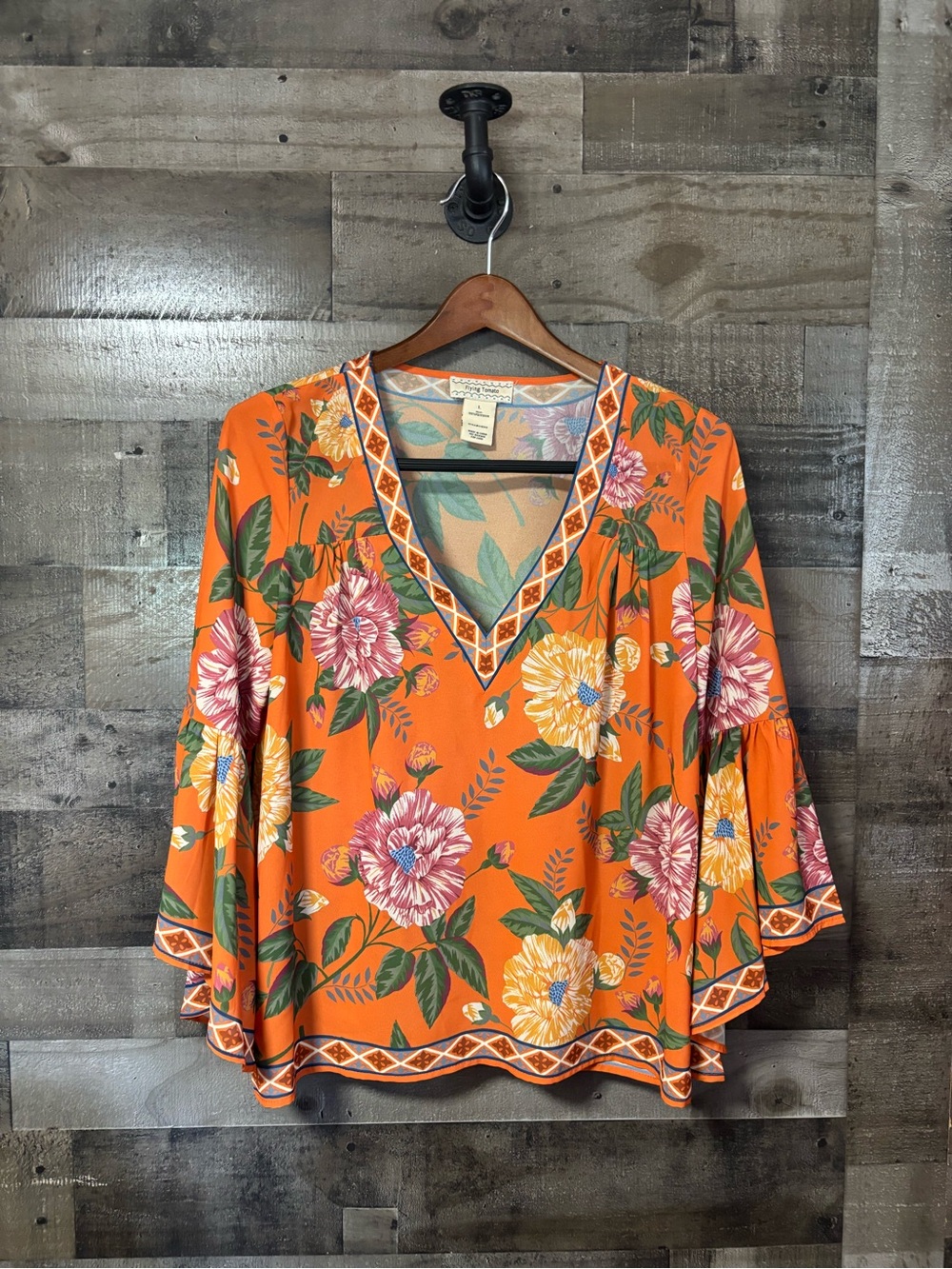 Flying Tomato Orange Floral V-Neck Bell Sleeve Blouse